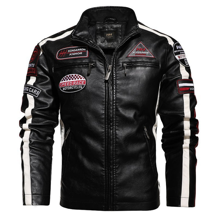 Men's Racing-Style Faux Leather Jacket with Patches, Contrast Stripes and Stand-Up Collar Mune Fashion