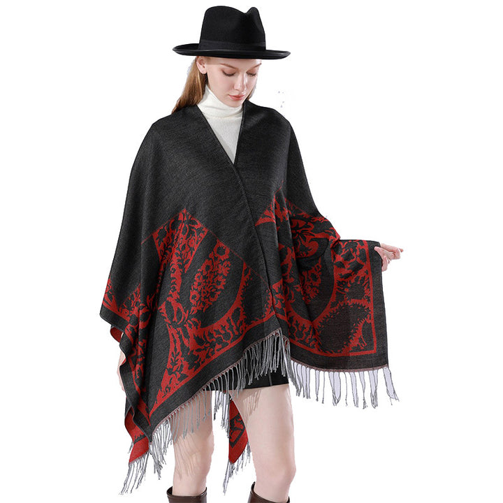 Women's Reversible Fine Knit Poncho with Jacquard Pattern and Fringed Hem Mune Fashion