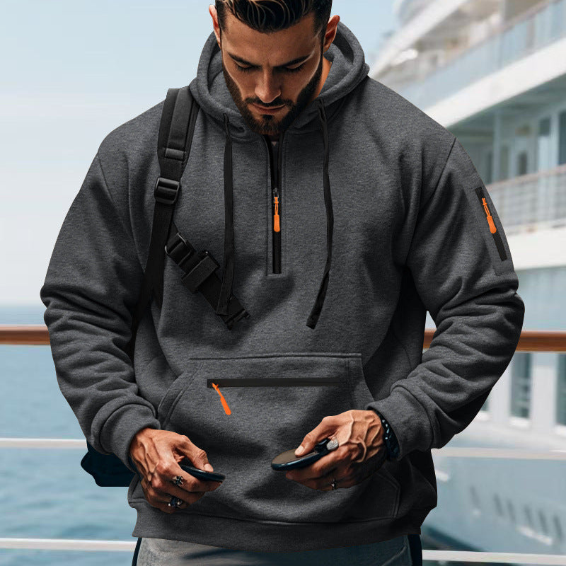 Men's nan technical half-zip outdoor hoodie with concealed kangaroo pocket, zippered arm pocket, and integrated cable channel Mune Fashion