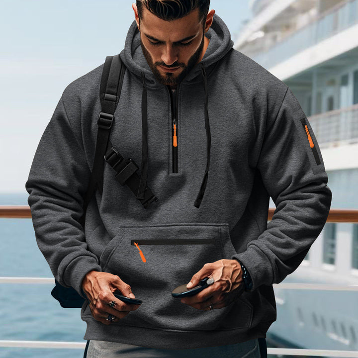Men's nan technical half-zip outdoor hoodie with concealed kangaroo pocket, zippered arm pocket, and integrated cable channel Mune Fashion