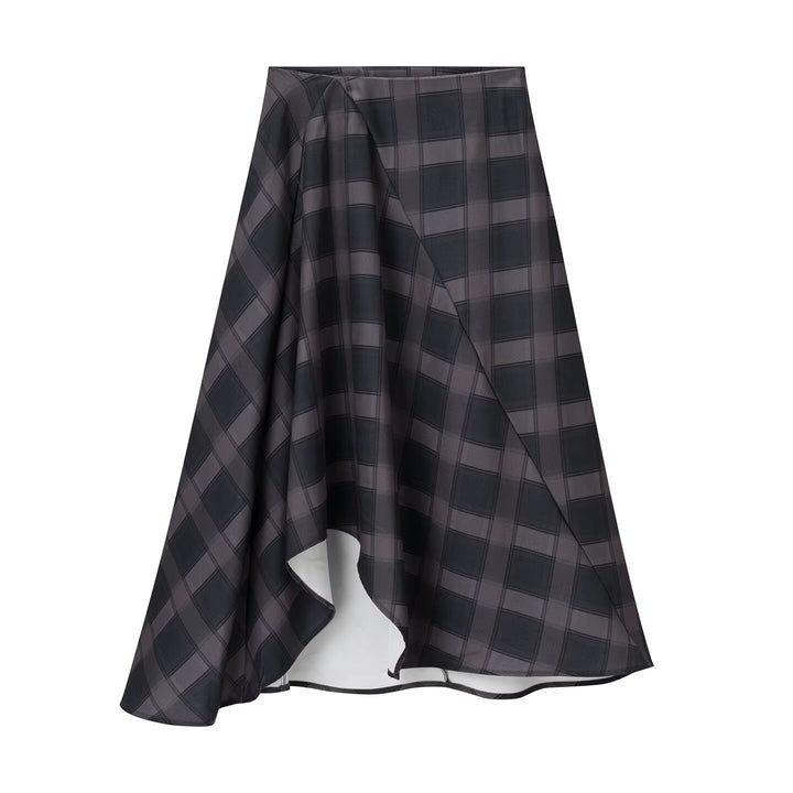 Women's Asymmetrical Midi Skirt with Check Pattern and Flared A-Line Dress