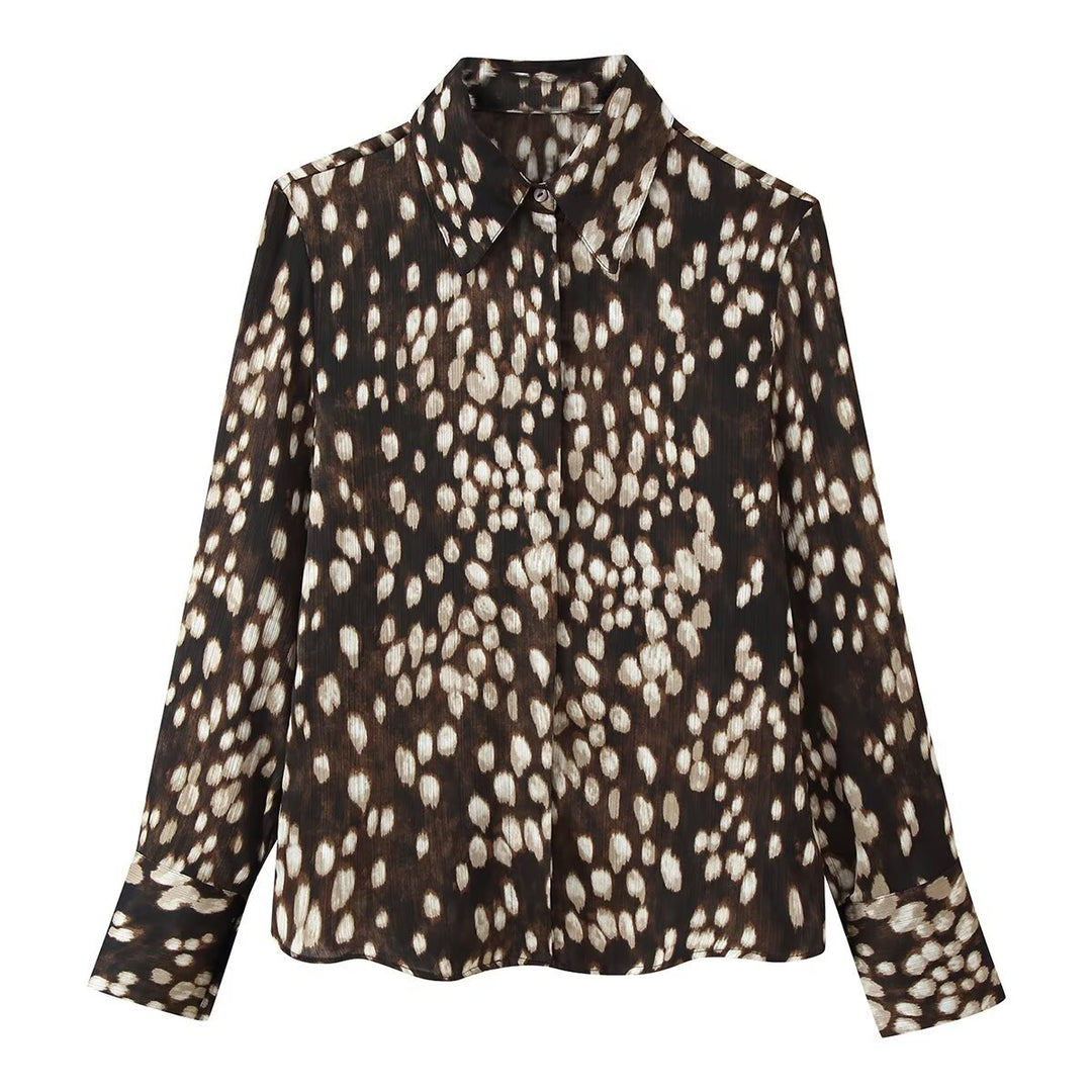 Women's Silk-like Shirt Blouse with Polka Dot Print and Concealed Button Placket Mune Fashion