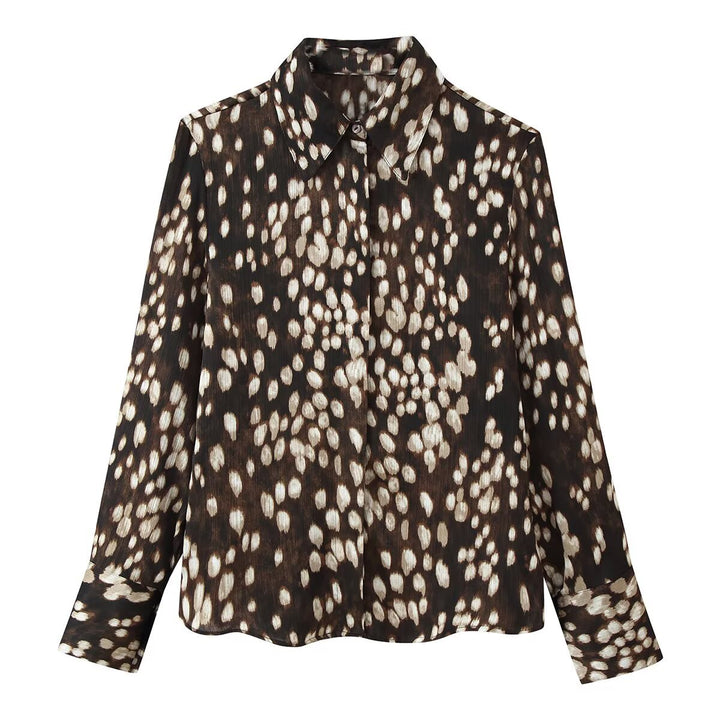 Women's Silk-like Shirt Blouse with Polka Dot Print and Concealed Button Placket Mune Fashion