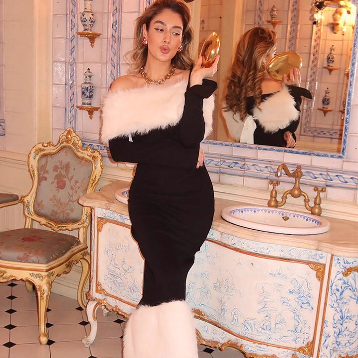 Women's fitted off-shoulder midi dress with faux fur trim at neckline and hem Mune Fashion