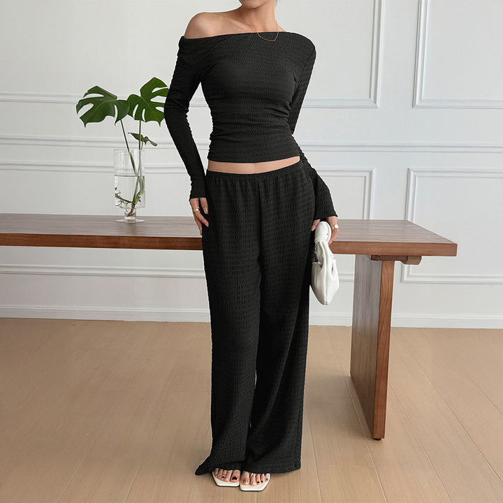 Women nan legeres Crinkle-Lounge-Set with Off-Shoulder Crop-Top and wide High-Waist Palazzo pants Mune Fashion