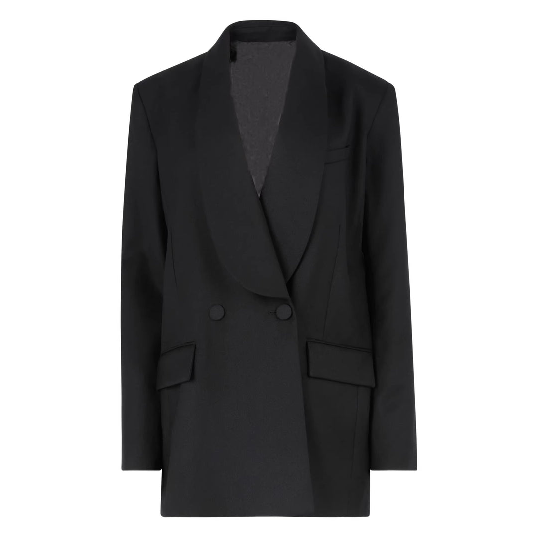 Women's Oversized Smoking Long Blazer with Deep Shawl Collar and Extended Shoulder Line Mune Fashion
