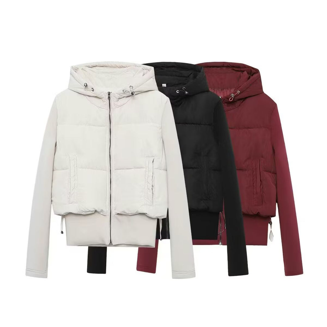 Women short-cut hybrid quilted jacket with hood, waist drawstring and elastic sleeves Mune Fashion