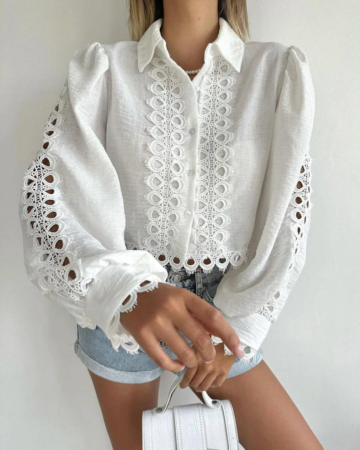 Women's Embroidered Linen Blouse with Lace, Balloon Sleeves and Shirt Collar Mune Fashion