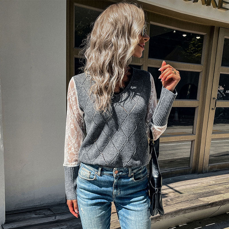 Women's Elegant Knit Sweater with Lace Sleeves Mune Fashion