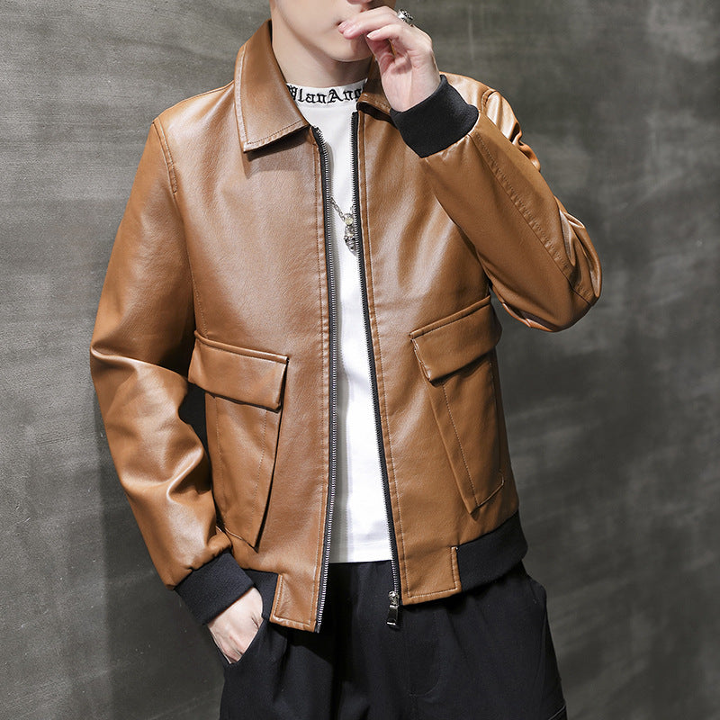Men's Urban Faux Leather Flight Jacket with Flap Pockets and Ribbed Hem Mune Fashion