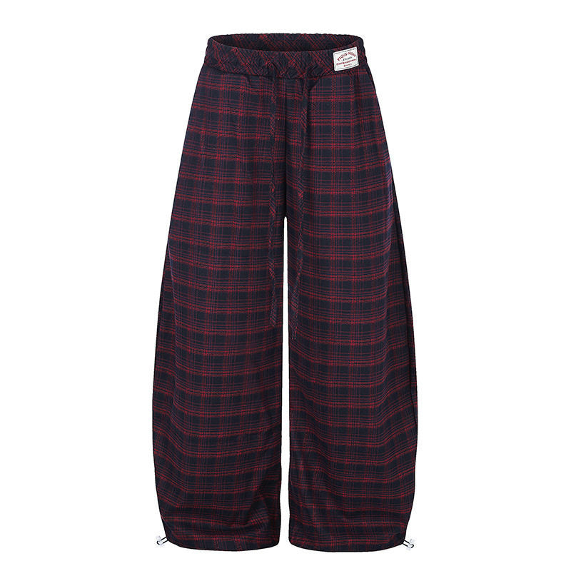 Women Checked Palazzo Pants in Loungewear Style with Wide Leg, Elastic Waistband and Drawstring