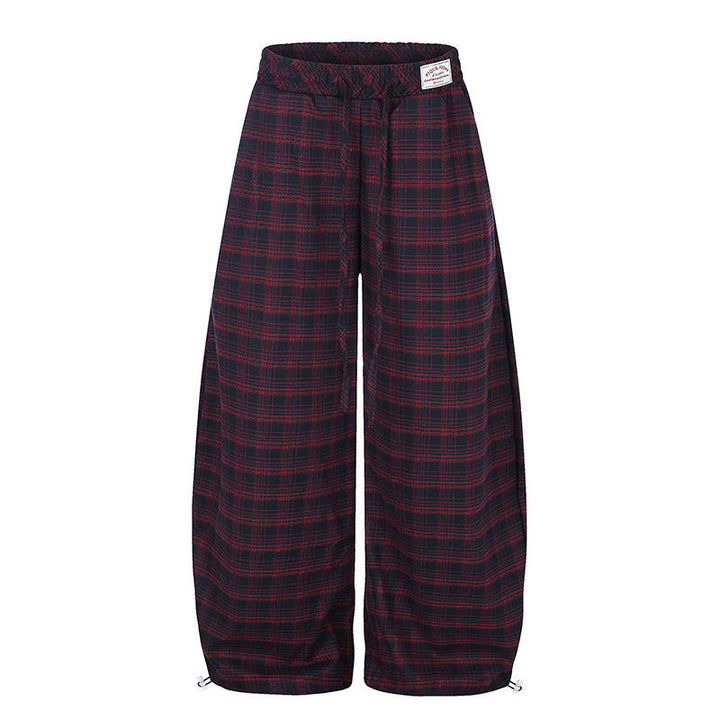 Women Checked Palazzo Pants in Loungewear Style with Wide Leg, Elastic Waistband and Drawstring