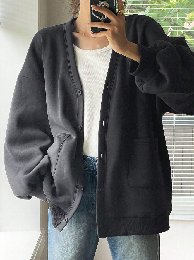 Women's Oversized Sweat Cardigan with Button Placket, Patches Pockets and Dropped Shoulder Drune