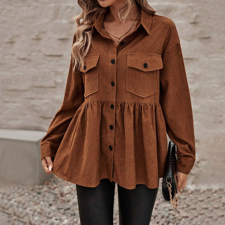 Women's Cord Peplum Blouse with Shirt Collar, Set-in Breast Pockets, and Continuous Button Placket Mune Fashion