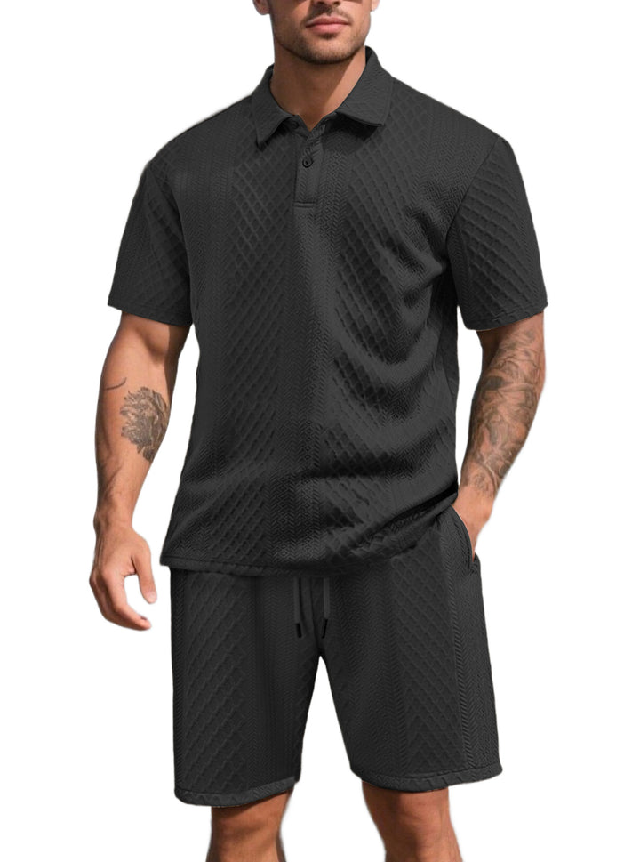 Men's three-dimensional relief leisure set with polo collar, concealed button placket and elastic drawstring shorts Mune Fashion