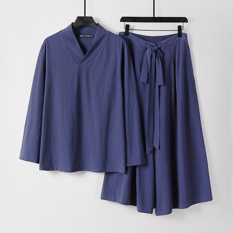Women's Lightweight Linen-Cotton Loungewear Set with V-Neck, Wide Midi Skirt, and Tie Belt Mune Fashion