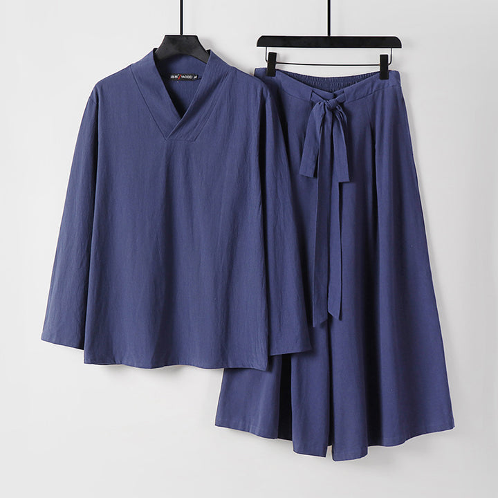 Women's Lightweight Linen-Cotton Loungewear Set with V-Neck, Wide Midi Skirt, and Tie Belt Mune Fashion