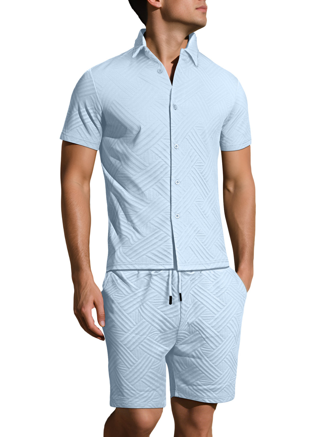 Men's lightweight short-sleeve shirt and Bermuda two-piece set with embossed woven texture and drawstring waistband Mune Fashion