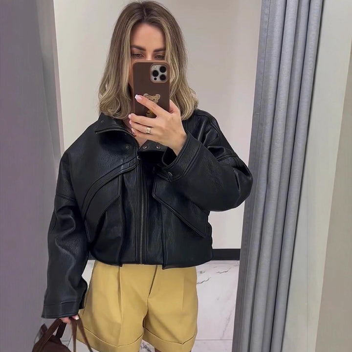 Women's Oversize Bomber Jacket made of textured faux leather with overlapping flap front Mune Fashion