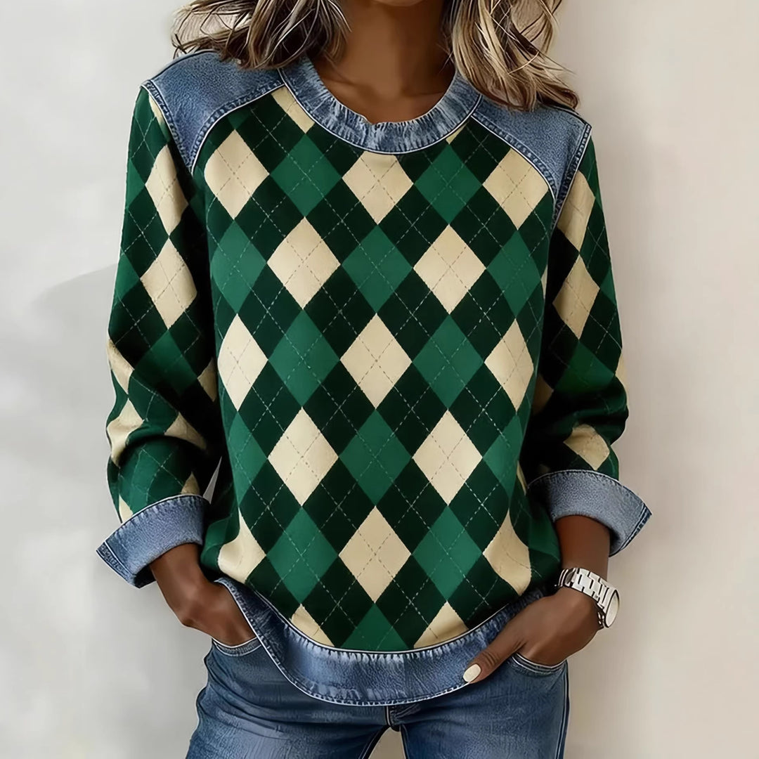 Women's fashionable sweatshirt with check pattern and denim details