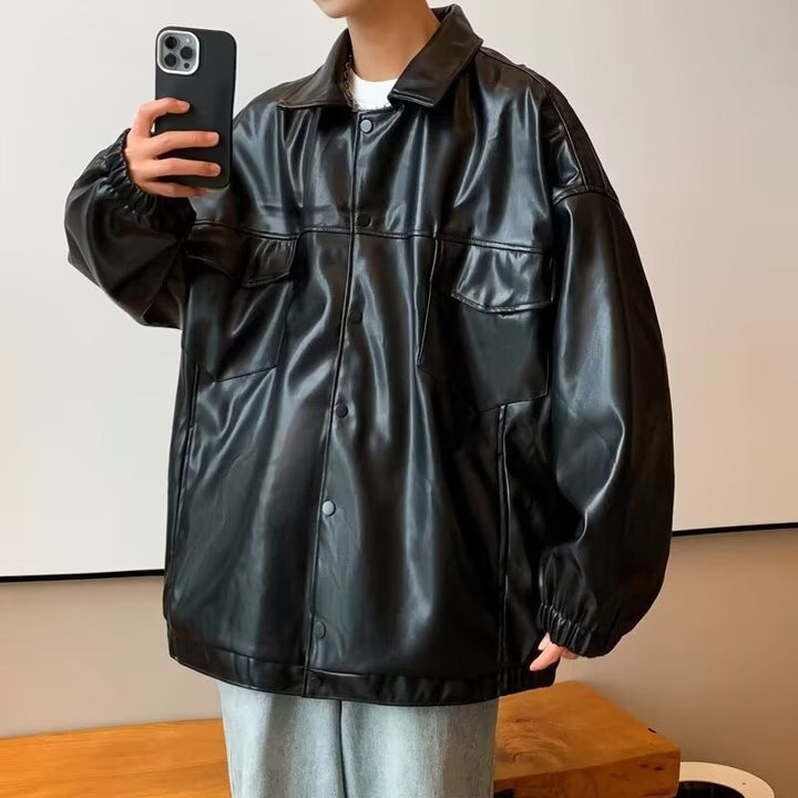 Men's Oversized PU Leather Shacket with Flap Pockets and Elastic Cuffs Mune Fashion