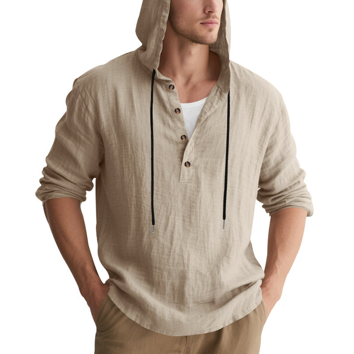 Men's casual linen henley with hood, drawstring and three-button placket Mune Fashion
