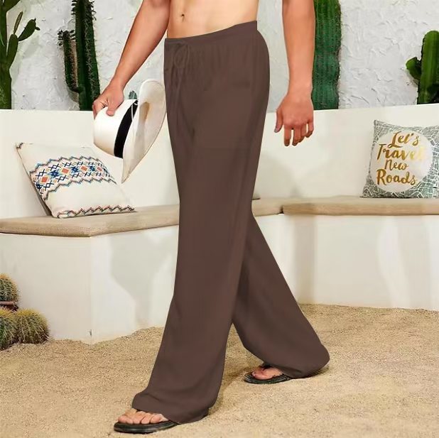 Men's wide linen pants with drawstring, applied side pockets and relaxed fit Mune Fashion