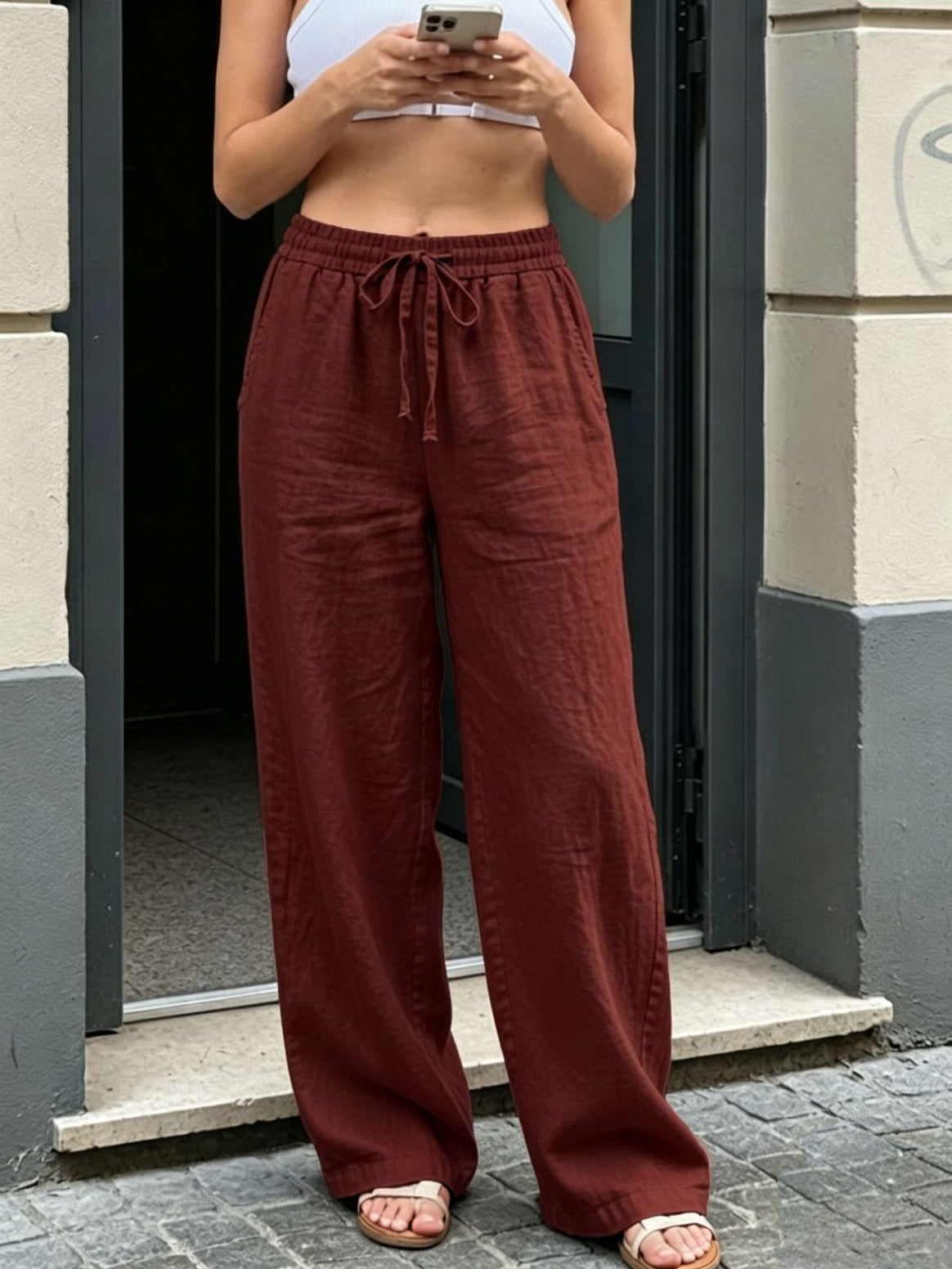 Women Wide Linen Look Pants with Elastic Waistband, Drawstring and Side Pockets Mune Fashion