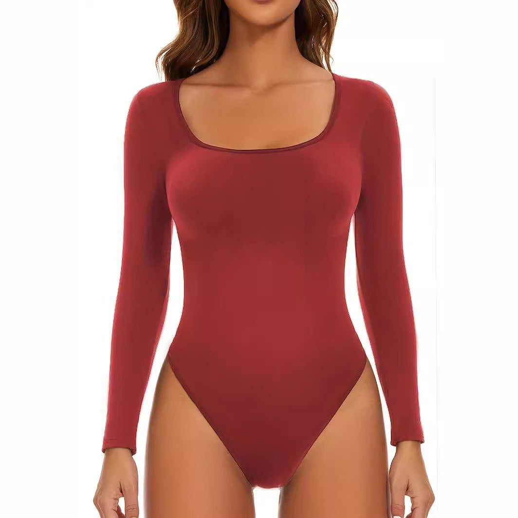 Women's Long Sleeve Bodysuit with Deep Neckline and Figure-Hugging Fit Mune