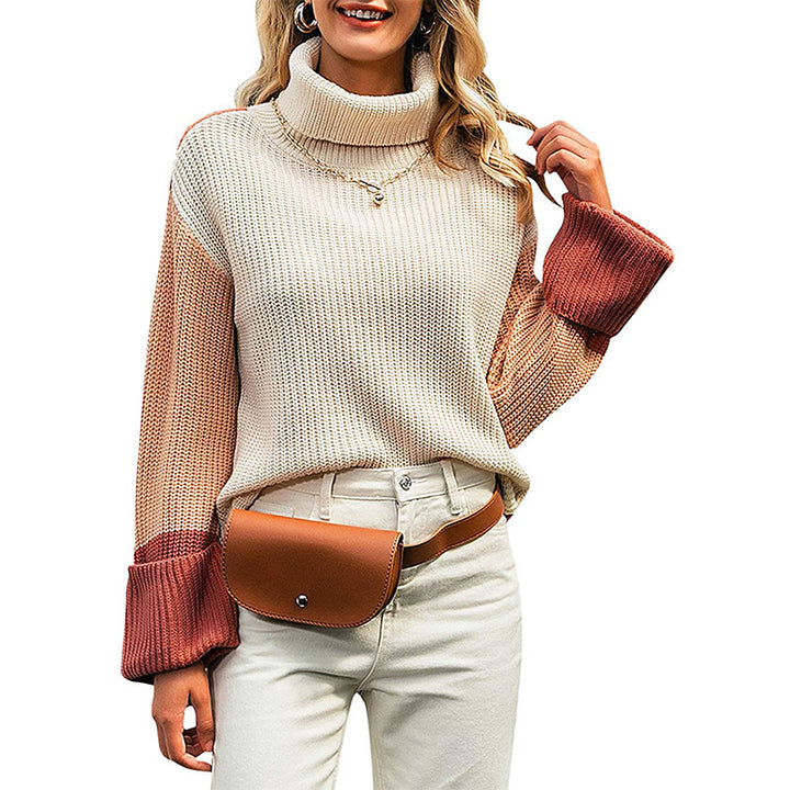 Women's loose turtleneck sweater with color block sleeves and wide trumpet sleeves Mune Fashion