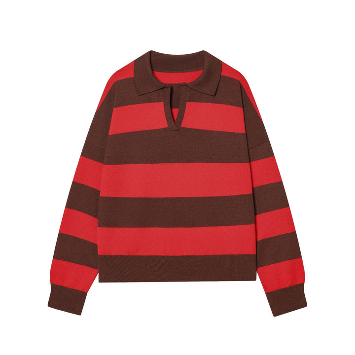 Women’s striped rugby pullover with polo collar and deep V-slit Mune Fashion