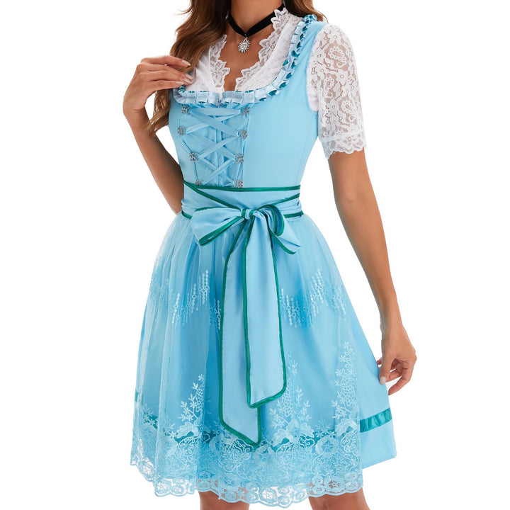 Women's short country style dirndl with embroidered tulle apron, gathered bodice and puff sleeves Mune Fashion