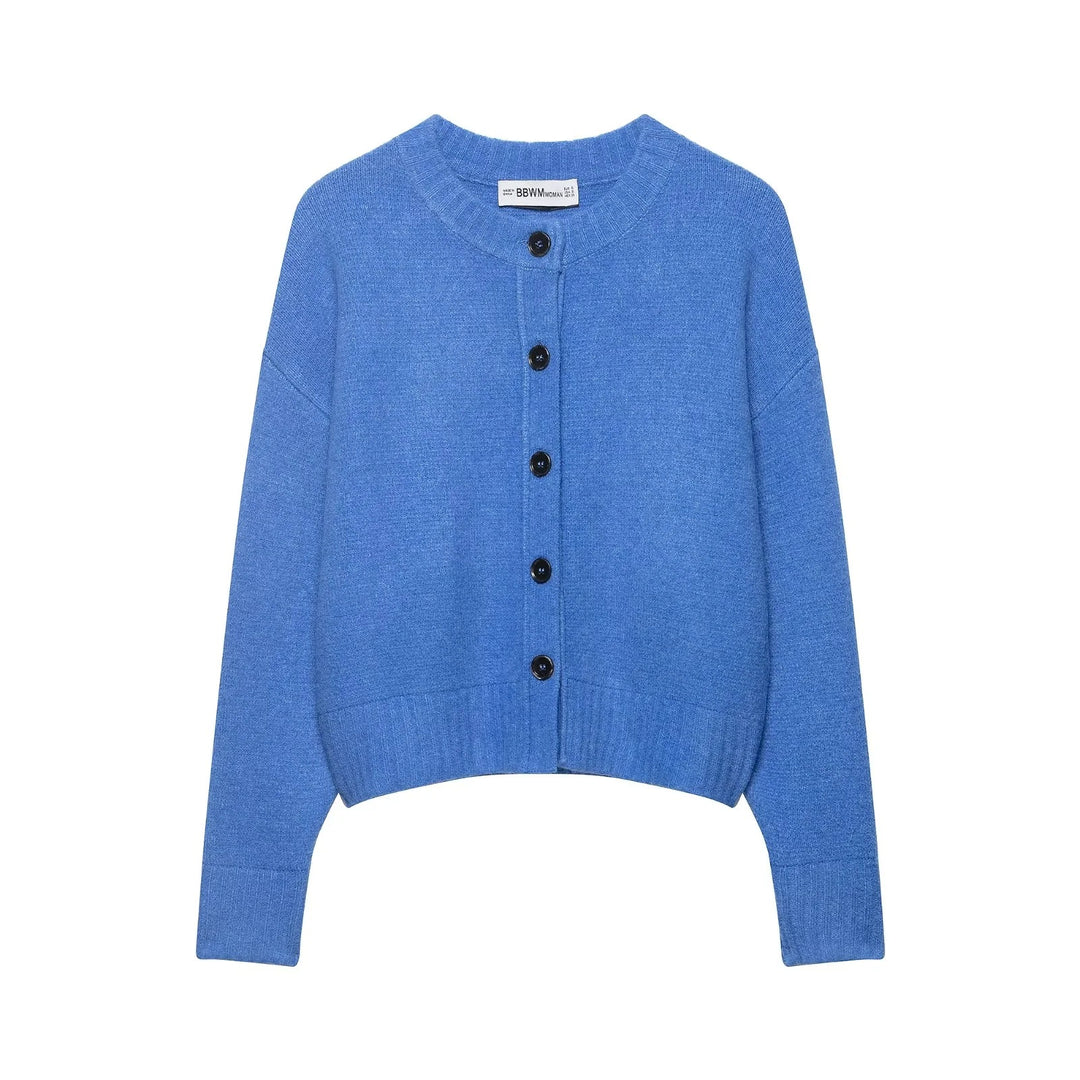 Women Cropped Cardigan with boxy silhouette, ribbed hem, and round neckline Mune Fashion