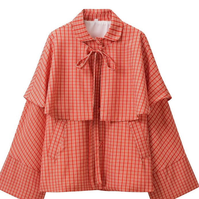 Women's Checkered Cape Transitional Jacket with Layered Cape and Bow Tie Mune Fashion