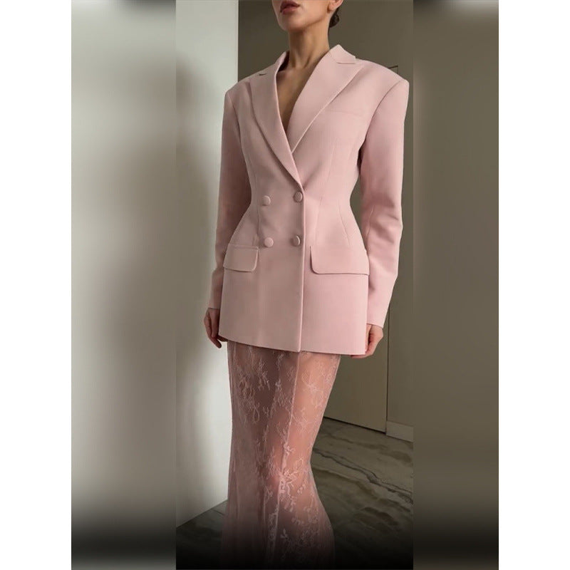 Women Tailored Double-Breasted Blazer with Emphasized Waist and Flap Pockets Mune Fashion