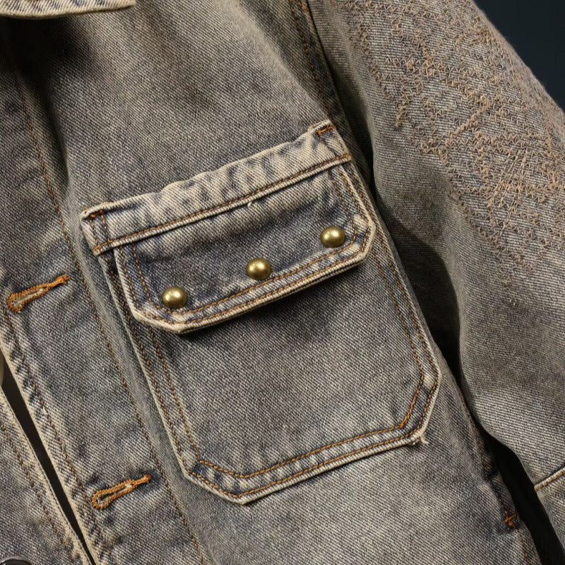 Men's vintage-inspired jeans jacket in worker look with used wash and patch chest pockets Mune Fashion