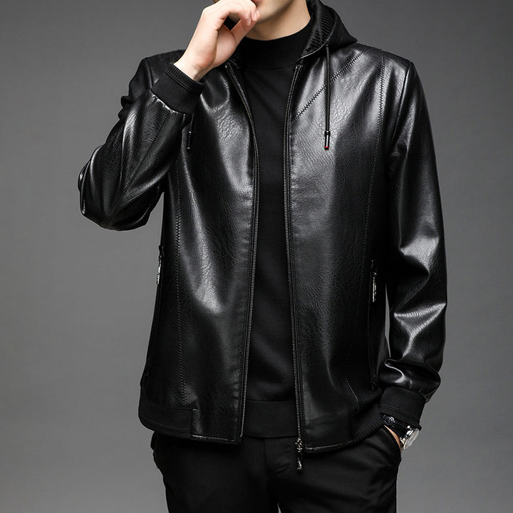 Men's Hooded Imitation Leather Blouson with Zipper and Elastic Cuffs Mune Fashion