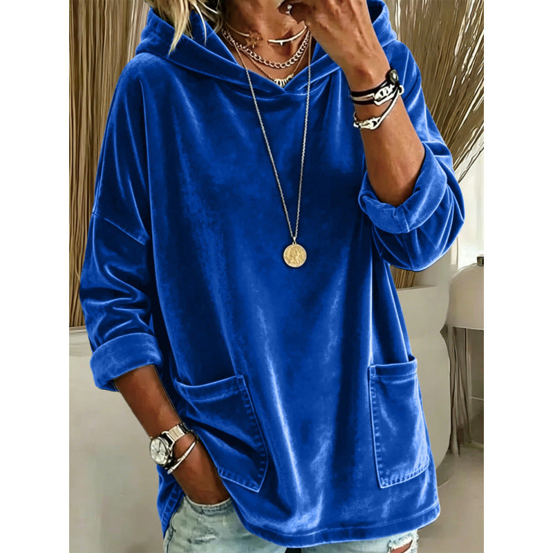 Women Velvet Hoodie with Hood, Oversized Cut and Applied Pockets Mune Fashion