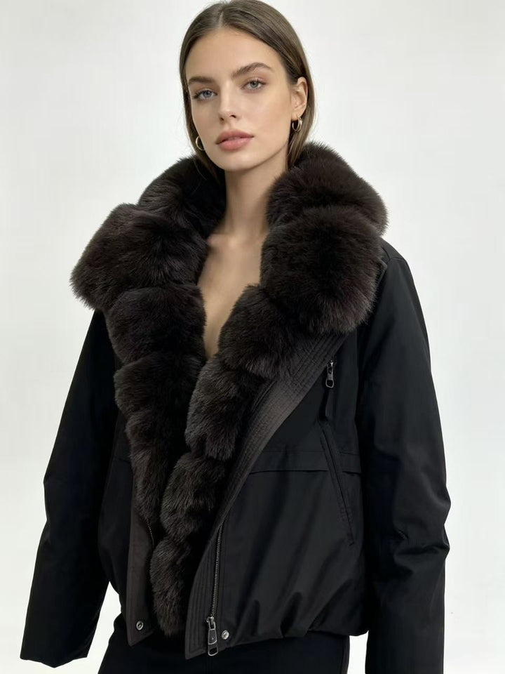 Women's tailored parka bomber jacket with voluminous faux fur collar and windproof outer shell Mune Fashion