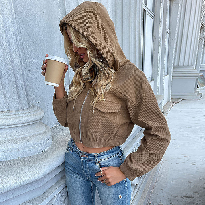Women's Casual Cord Jacket with Hood Mune Fashion