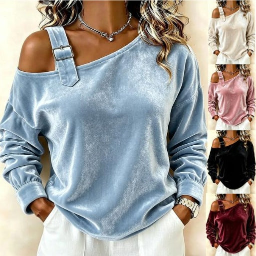 Women's velvet sweatshirt with asymmetric Carmen neckline and decorative buckle Mune Fashion