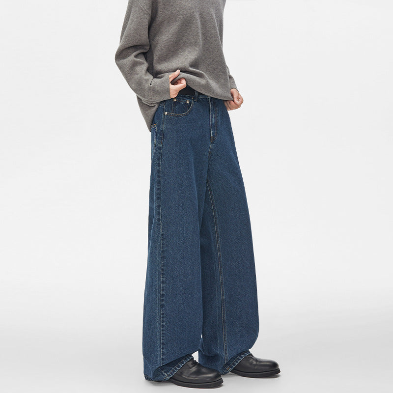 Men's Extra Wide High-Cut Denim Pants with Ultra-Long Hem and Straight Leg Mune Fashion