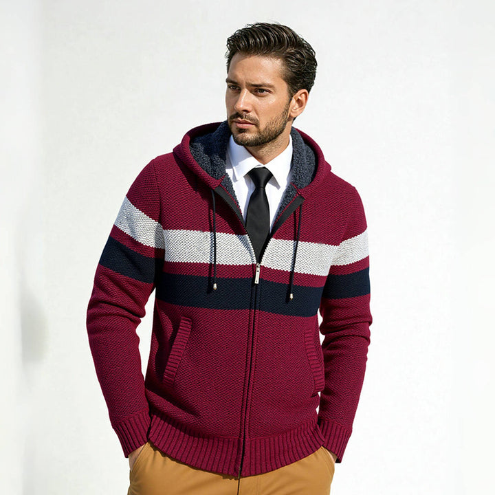 Men's Structured Hooded Cardigan with Contrast Stripes and Full Zip Mune Fashion