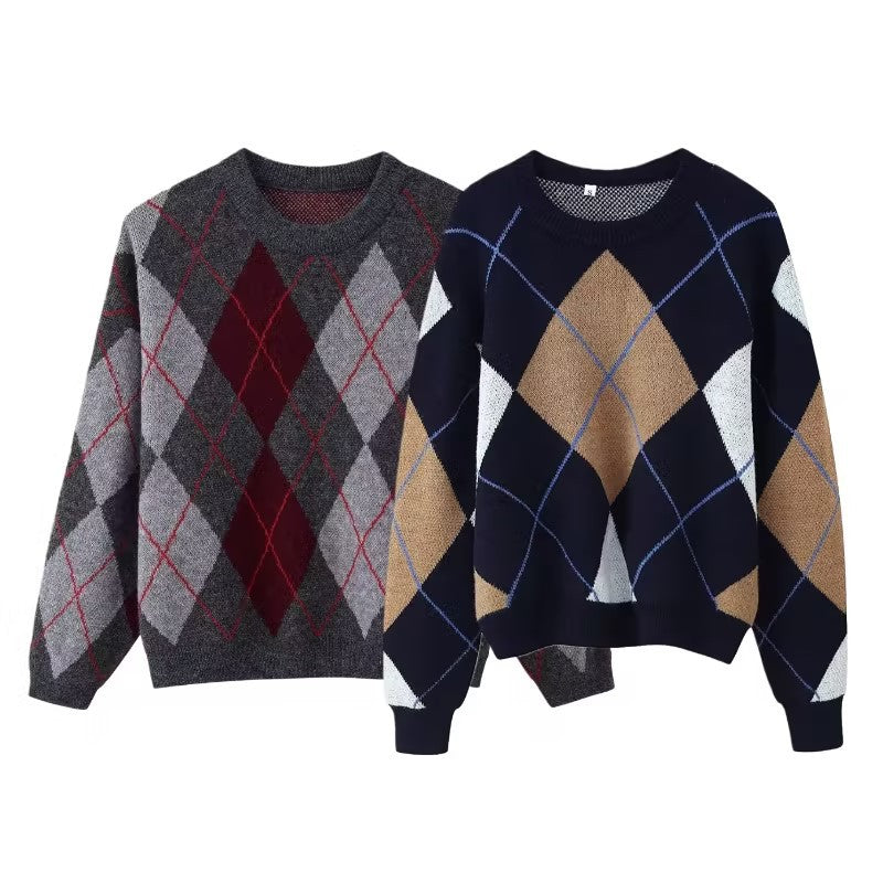 Women's Diamond Argyle Knit Sweater with Round Neck and Slightly Oversized Cut Mune Fashion