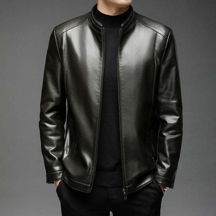 Men's Minimalistic Leather Look Transitional Jacket with Stand Collar and Two-Way Zipper Mune Fashion
