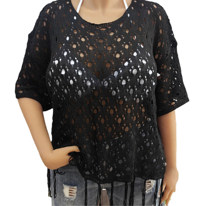 Women's airy crochet beach cover-up with fringes Mune Fashion
