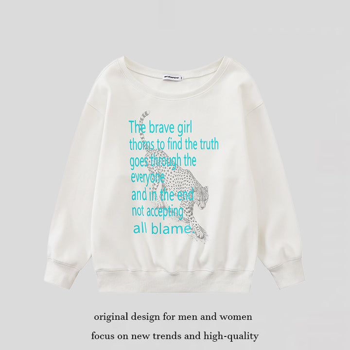 Women's oversized sweatshirt with round neck, typographic statement, and leopard illustration Mune Fashion