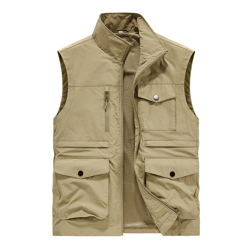 Men's nan multifunctional utility vest with mesh lining, full-length zipper, and patch multipurpose pockets