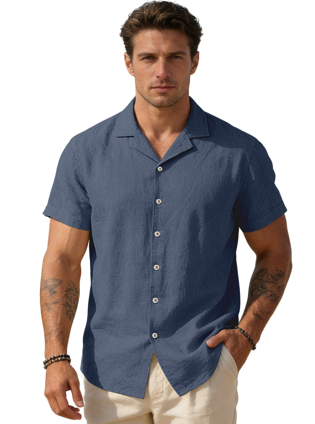 Men's airy linen camp shirt with open lapel collar short sleeve and relaxed summer fit Mune Fashion