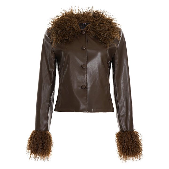 Women's short jacket made of vegan leather with voluminous fur collar and fur cuffs Mune Fashion